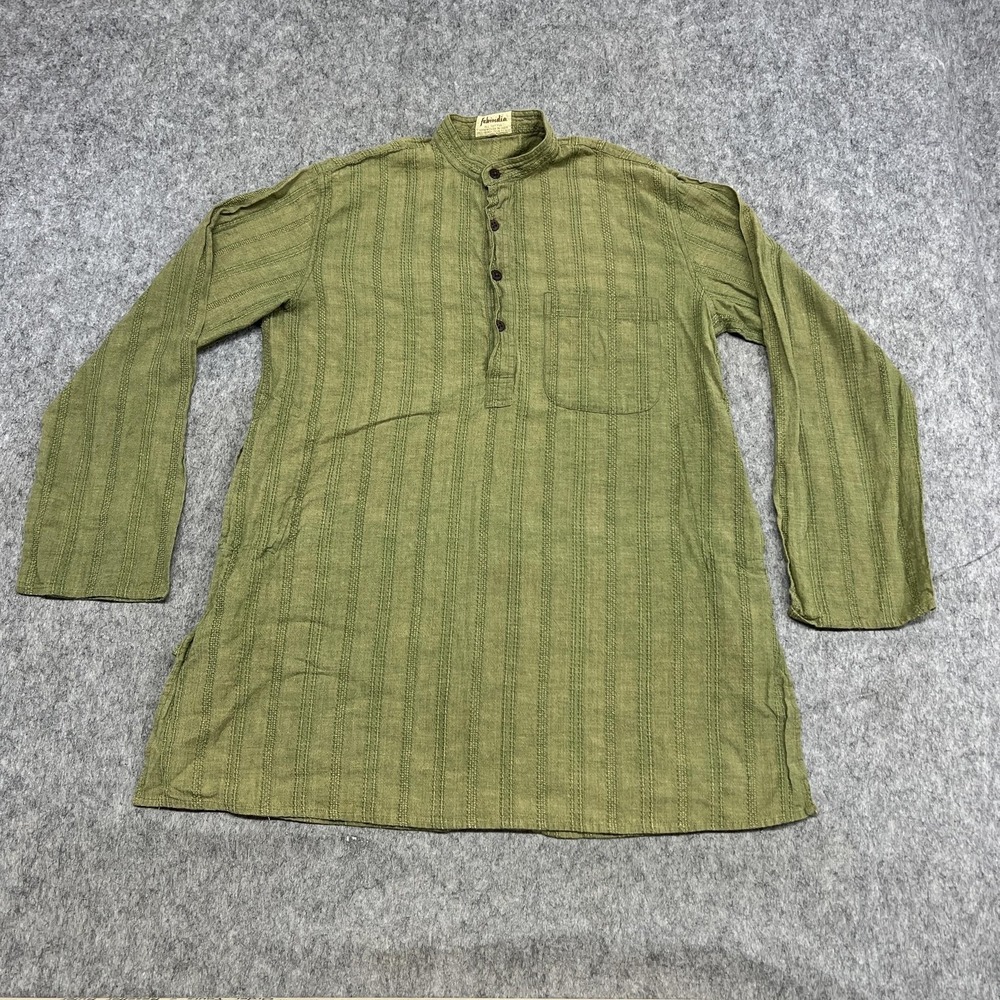 Fabindia Shirt Mens M 38 Green Striped Long Sleeve Henley Kurta Tunic Mandarin